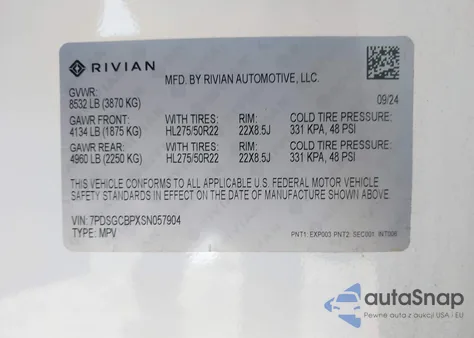 2025 Rivian R1S Ascend Tri Motor Max Pack/Premium Tri Motor Max Pack z USA, uszkodzony, nr VIN 7PDSGCBPXSN057904
